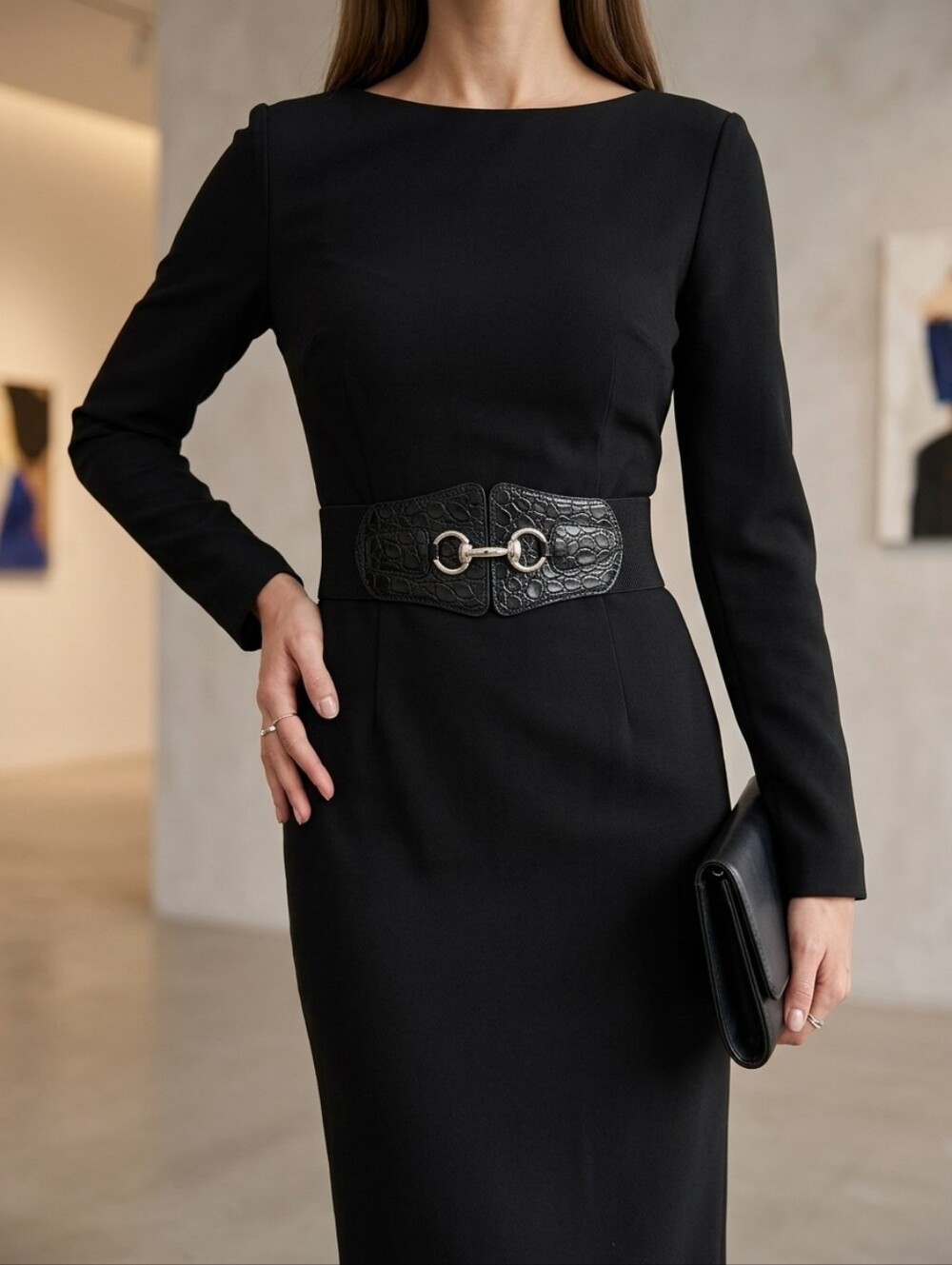 le chateau Black Croc-Embossed Wide Waist Belt with Horsebit